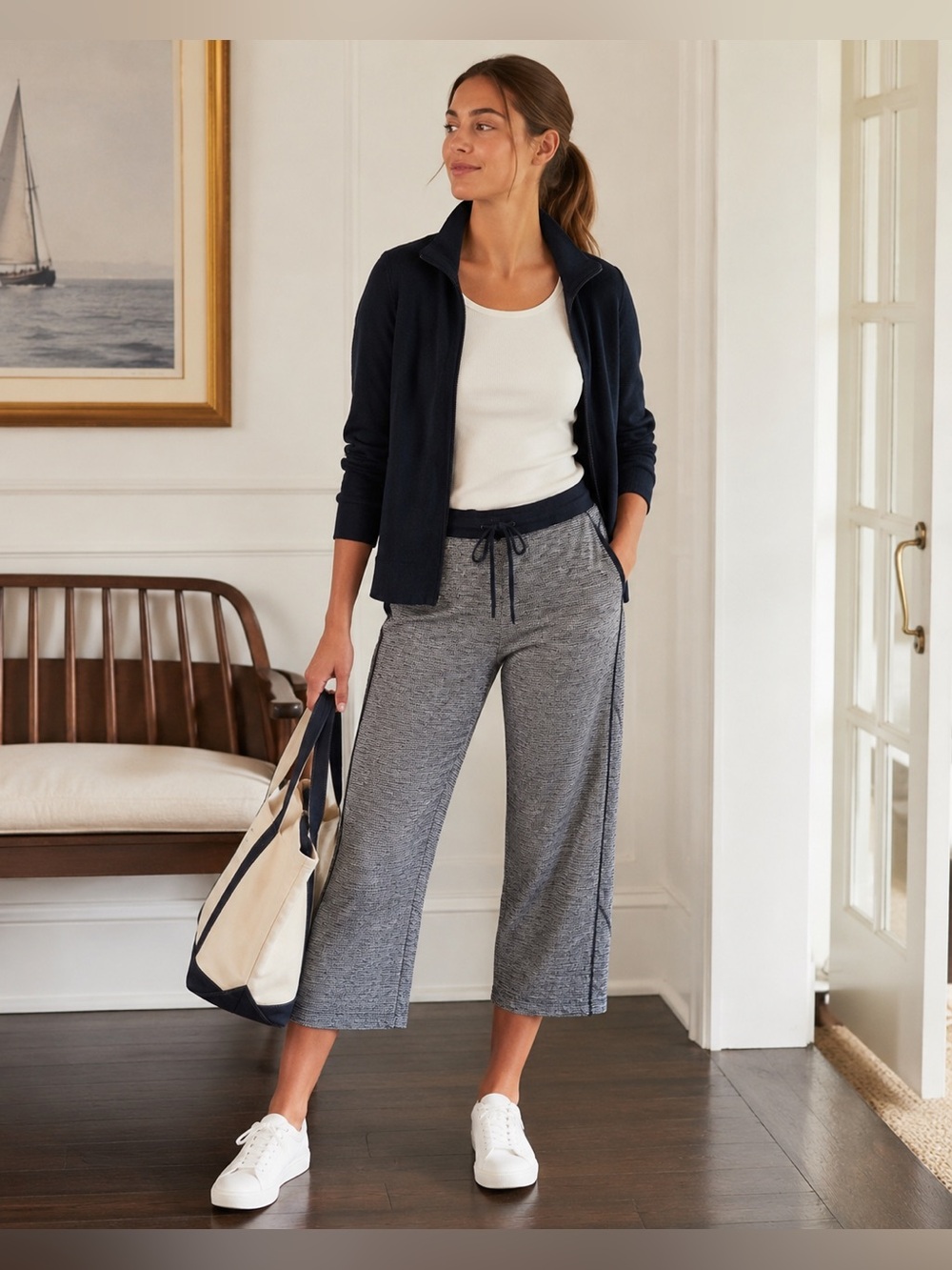 T BY TALBOTS Navy Knit Pull On Cropped Pants EUC
